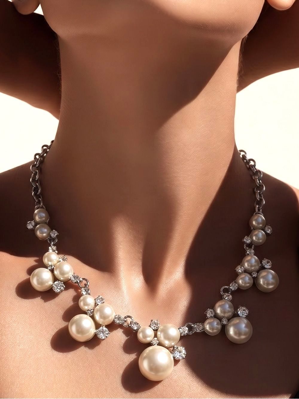 Pearl Cluster Statement Necklace - Manmade Pearls, Clear Stones & Silver chain